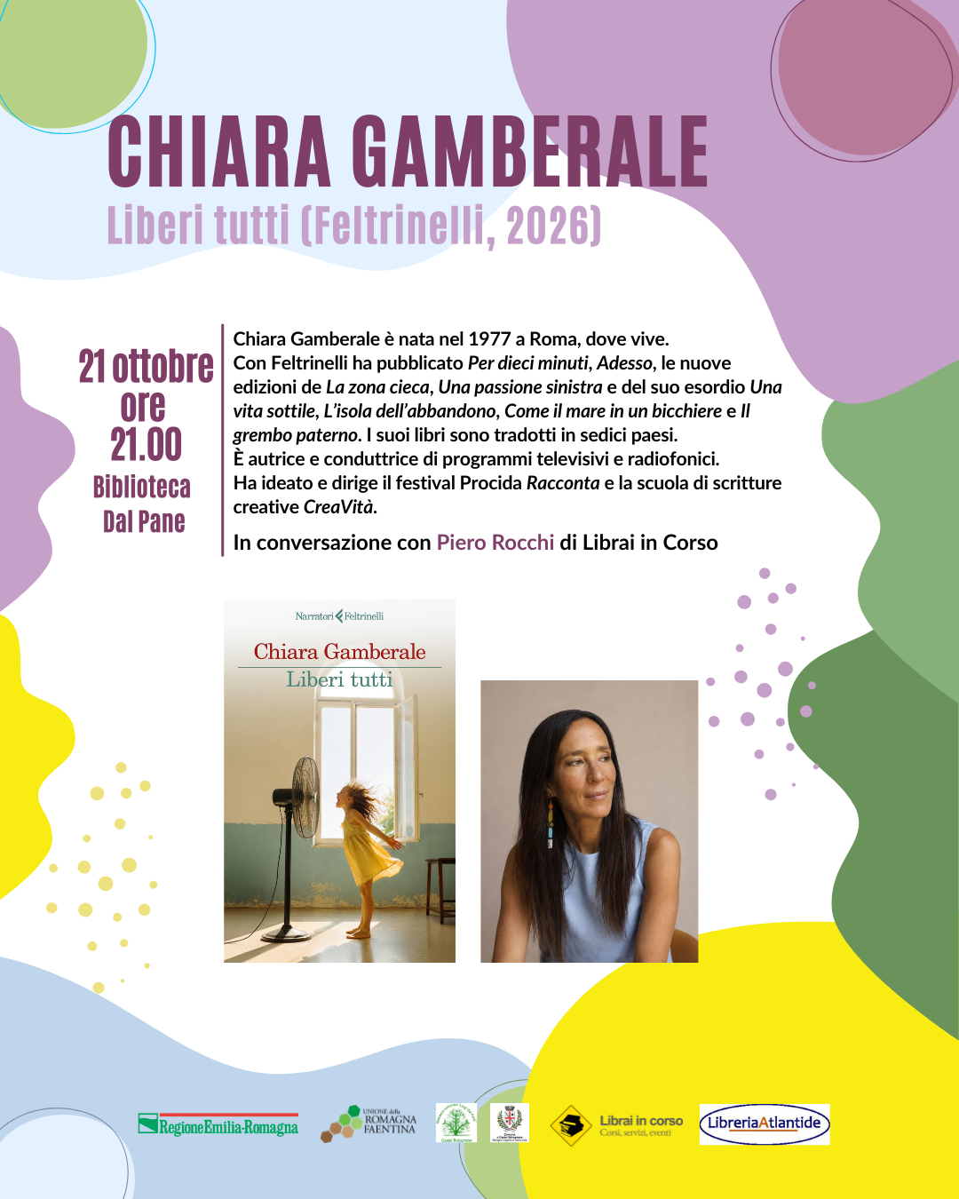 Locandina: Chiara Gamberale presenta Liberi tutti, 21 ottobre 2026 ore 21, Biblioteca Dal Pane